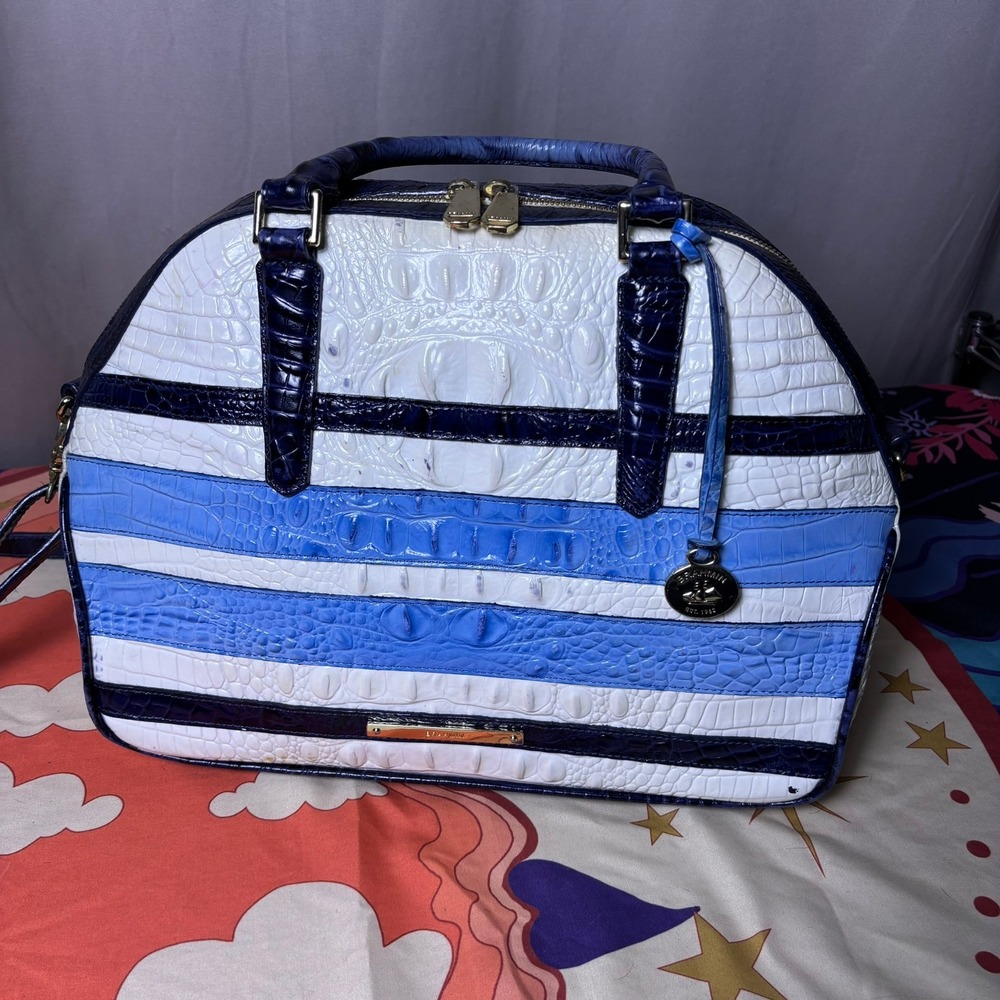 Brahmin Vineyard Croc Embossed Leather Satchel White Nautical Bag luxury Purse